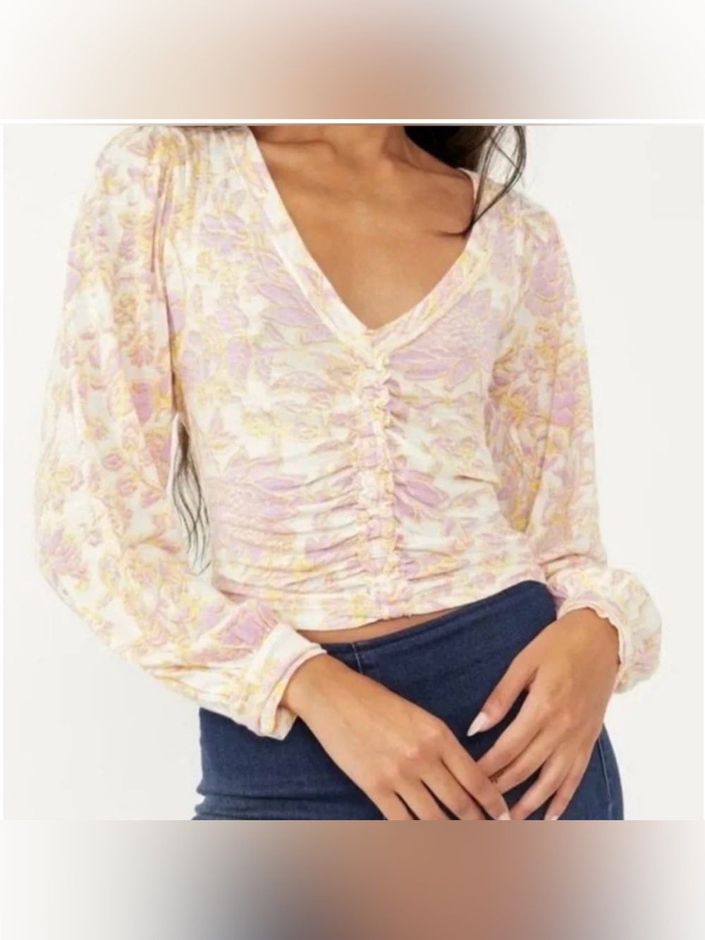 Free People xs Ruched Floral V Neck Long Sleeve
